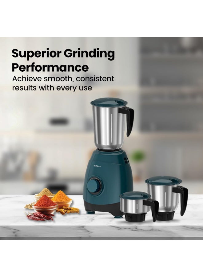 Havells ESO 750 Watt Mixer Grinder | 3 Stainless Steel Jars with Handles | 304 Rust-Resistant SS Blades | 21000 RPM High-Speed Motor | 5-Year Motor Warranty | Heavy-Duty Mixie (Teal) - Image 2